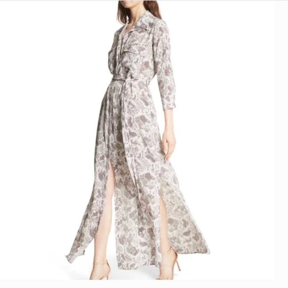 L’Agence Cameron Snake Print Silk Maxi Shirt Dress with Side Slits US small